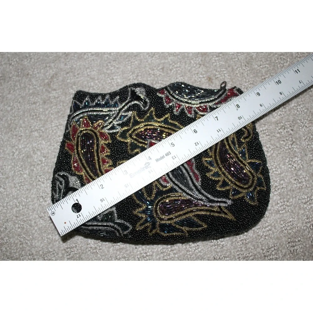 VTG Carolyne Barton Beaded Paisley Clutch Evening‎ Bag Black Red Gold